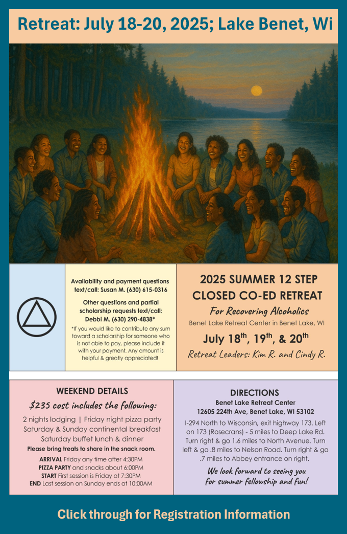 Register for Alcoholics Anonymous 2025 Summer 12 Step Retreat in Benet, Wisconsin.