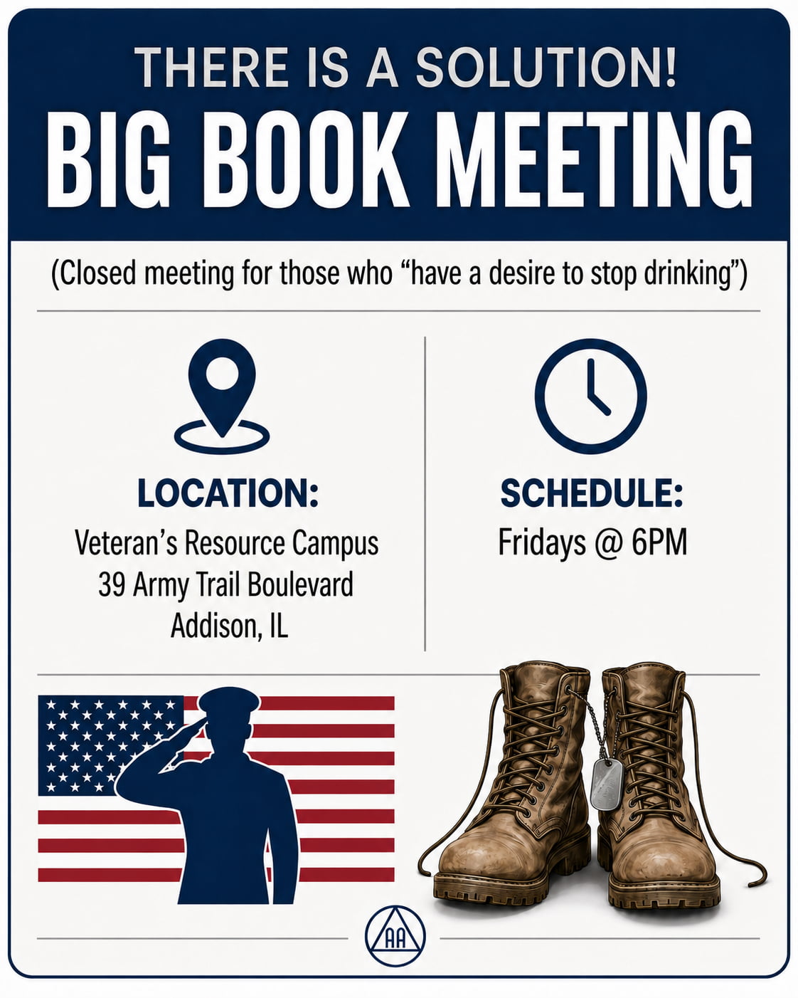 There Is a Solution Big Book Meeting flyer, Fridays at 6 PM, Veterans Resource Campus